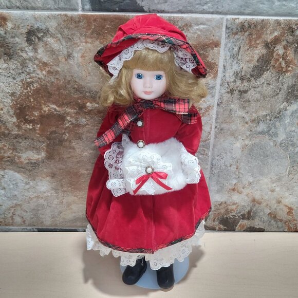 Vintage Porcelain Doll Velvet Red Dress White Lace Muff Hand Warmer - Picture 3 of 14